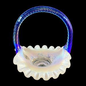 Vintage Fenton Mini Basket Grape & Vine Ruffled Opalescent w/Iridescent Handle